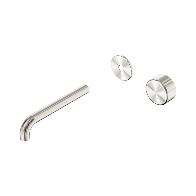 An image of Nero Tapware's Serenity Progressive Wall Basin Mixer 185mm Spout With Metal Handle Trim Kit Only Brushed Nickel