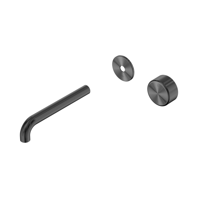 An image of Nero Tapware's Serenity Progressive Wall Basin Mixer 185mm Spout With Metal Handle Trim Kit Only Gun Metal