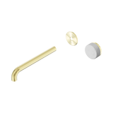 An image of Nero Tapware's Serenity Progressive Wall Basin Mixer 220mm Spout With Carrara Handle Trim Kit Only Brushed Gold