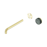 An image of Nero Tapware's Serenity Progressive Wall Basin Mixer 220mm Spout With Verde Alpi Handle Trim Kit Only Brushed Gold