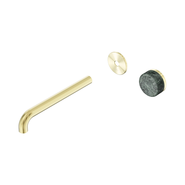 An image of Nero Tapware's Serenity Progressive Wall Basin Mixer 220mm Spout With Verde Alpi Handle Trim Kit Only Brushed Gold