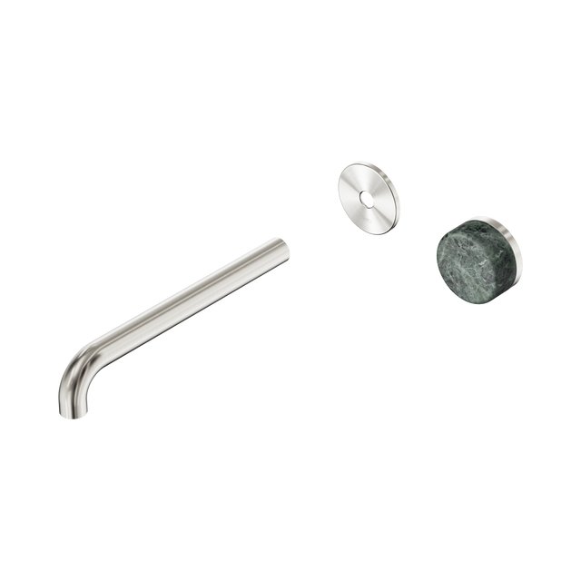 An image of Nero Tapware's Serenity Progressive Wall Basin Mixer 220mm Spout With Verde Alpi Handle Trim Kit Only Brushed Nickel