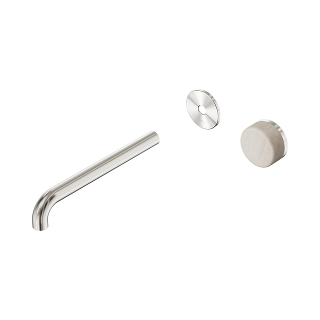 An image of Nero Tapware's Serenity Progressive Wall Basin Mixer 220mm Spout With Rome Travertine Handle Trim Kit Only Brushed Nickel