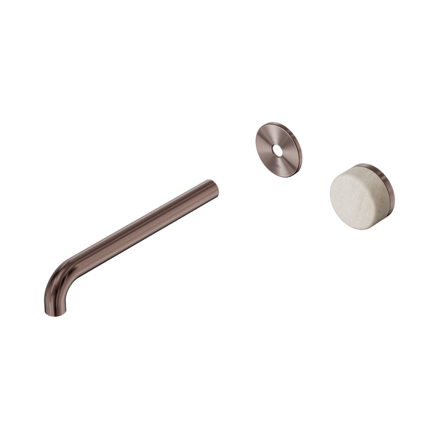 An image of Nero Tapware's Serenity Progressive Wall Basin Mixer 220mm Spout With Rome Travertine Handle Trim Kit Only Brushed Bronze