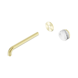 An image of Nero Tapware's Serenity Progressive Wall Basin Mixer 220mm Spout With Arabescato Corchia Handle Trim Kit Only Brushed Gold