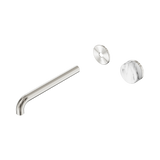 An image of Nero Tapware's Serenity Progressive Wall Basin Mixer 220mm Spout With Arabescato Corchia Handle Trim Kit Only Brushed Nickel