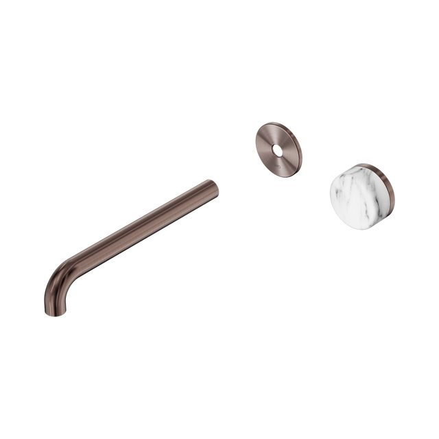An image of Nero Tapware's Serenity Progressive Wall Basin Mixer 220mm Spout With Arabescato Corchia Handle Trim Kit Only Brushed Bronze
