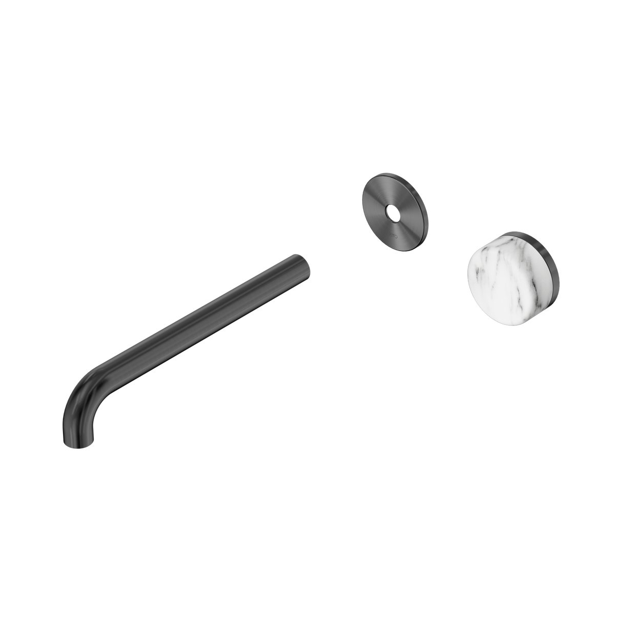 An image of Nero Tapware's Serenity Progressive Wall Basin Mixer 220mm Spout With Arabescato Corchia Handle Trim Kit Only Gun Metal
