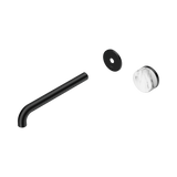 An image of Nero Tapware's Serenity Progressive Wall Basin Mixer 220mm Spout With Arabescato Corchia Handle Trim Kit Only Matt Black