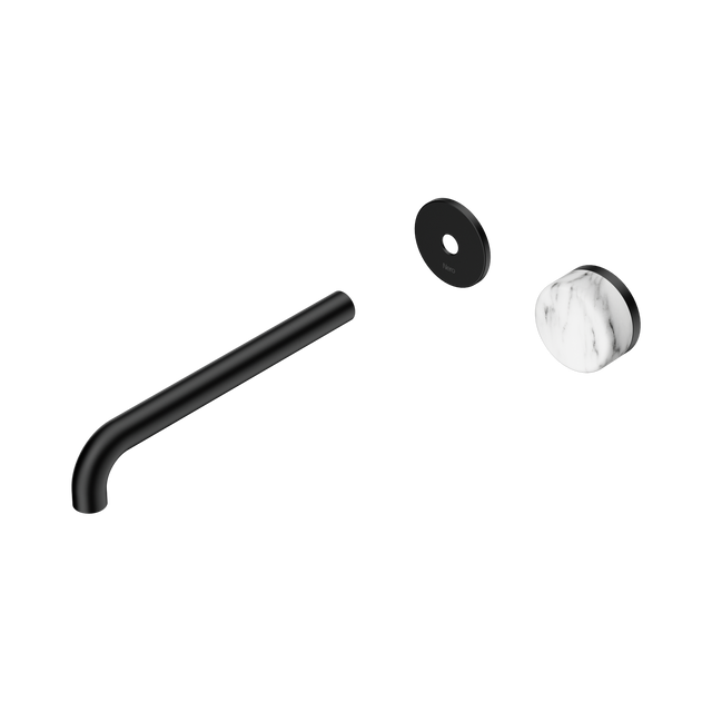 An image of Nero Tapware's Serenity Progressive Wall Basin Mixer 220mm Spout With Arabescato Corchia Handle Trim Kit Only Matt Black