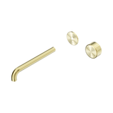 An image of Nero Tapware's Serenity Progressive Wall Basin Mixer 220mm Spout With Metal Handle Trim Kit Only Brushed Gold