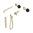 An image of Nero Tapware's Serenity Progressive Shower System With Spout With Marquina Black Handle And Slim Shower Trim Kit Only Brushed Gold
