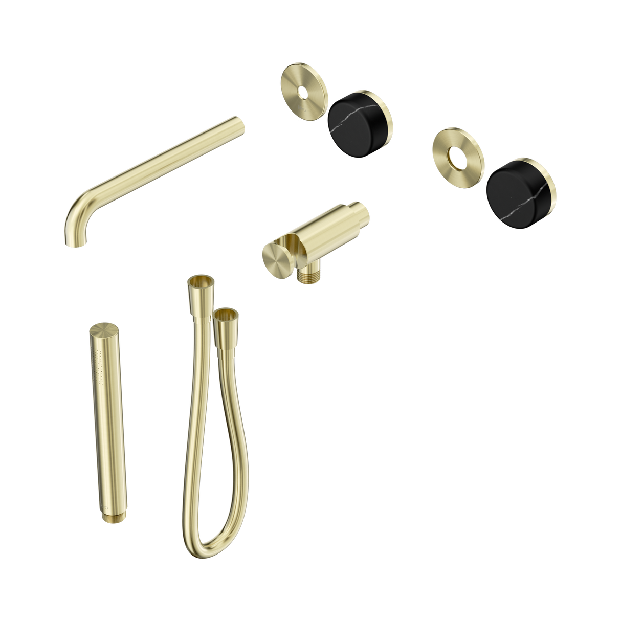 An image of Nero Tapware's Serenity Progressive Shower System With Spout With Marquina Black Handle And Slim Shower Trim Kit Only Brushed Gold