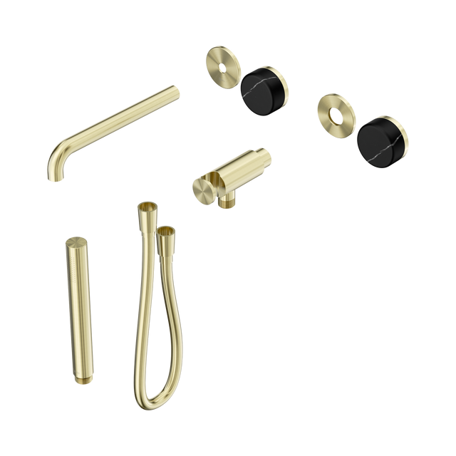 An image of Nero Tapware's Serenity Progressive Shower System With Spout With Marquina Black Handle And Slim Shower Trim Kit Only Brushed Gold