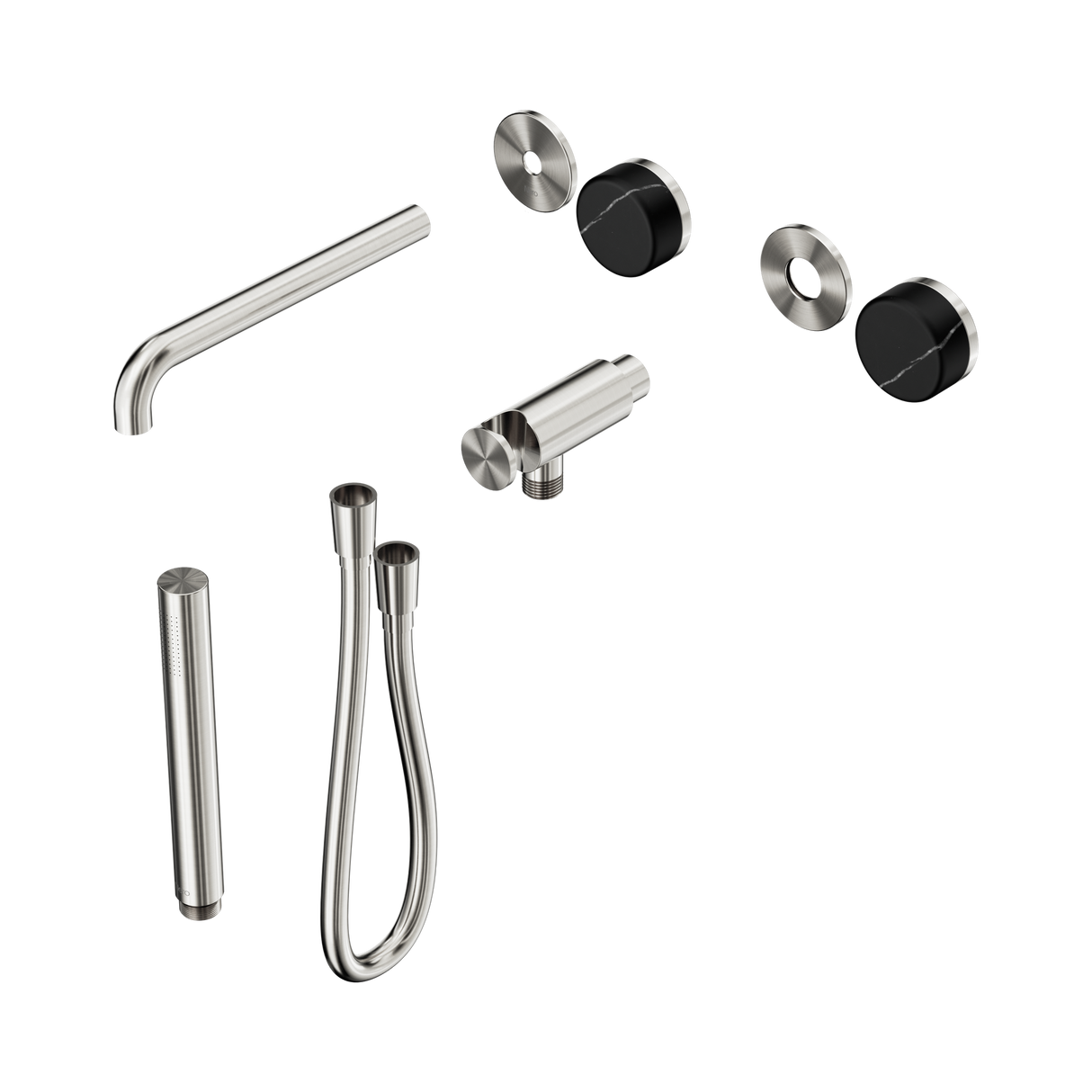 An image of Nero Tapware's Serenity Progressive Shower System With Spout With Marquina Black Handle And Slim Shower Trim Kit Only Brushed Nickel