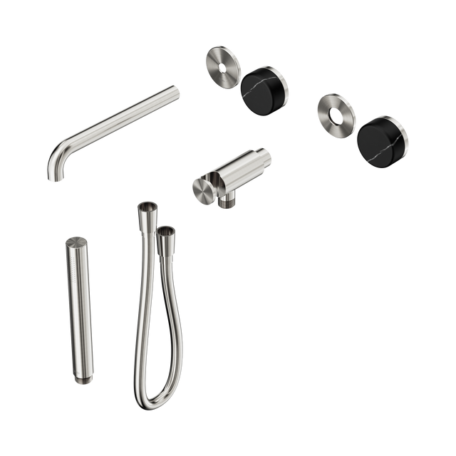 An image of Nero Tapware's Serenity Progressive Shower System With Spout With Marquina Black Handle And Slim Shower Trim Kit Only Brushed Nickel