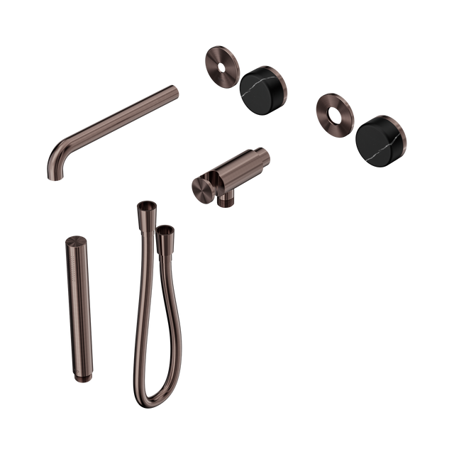 An image of Nero Tapware's Serenity Progressive Shower System With Spout With Marquina Black Handle And Slim Shower Trim Kit Only Brushed Bronze