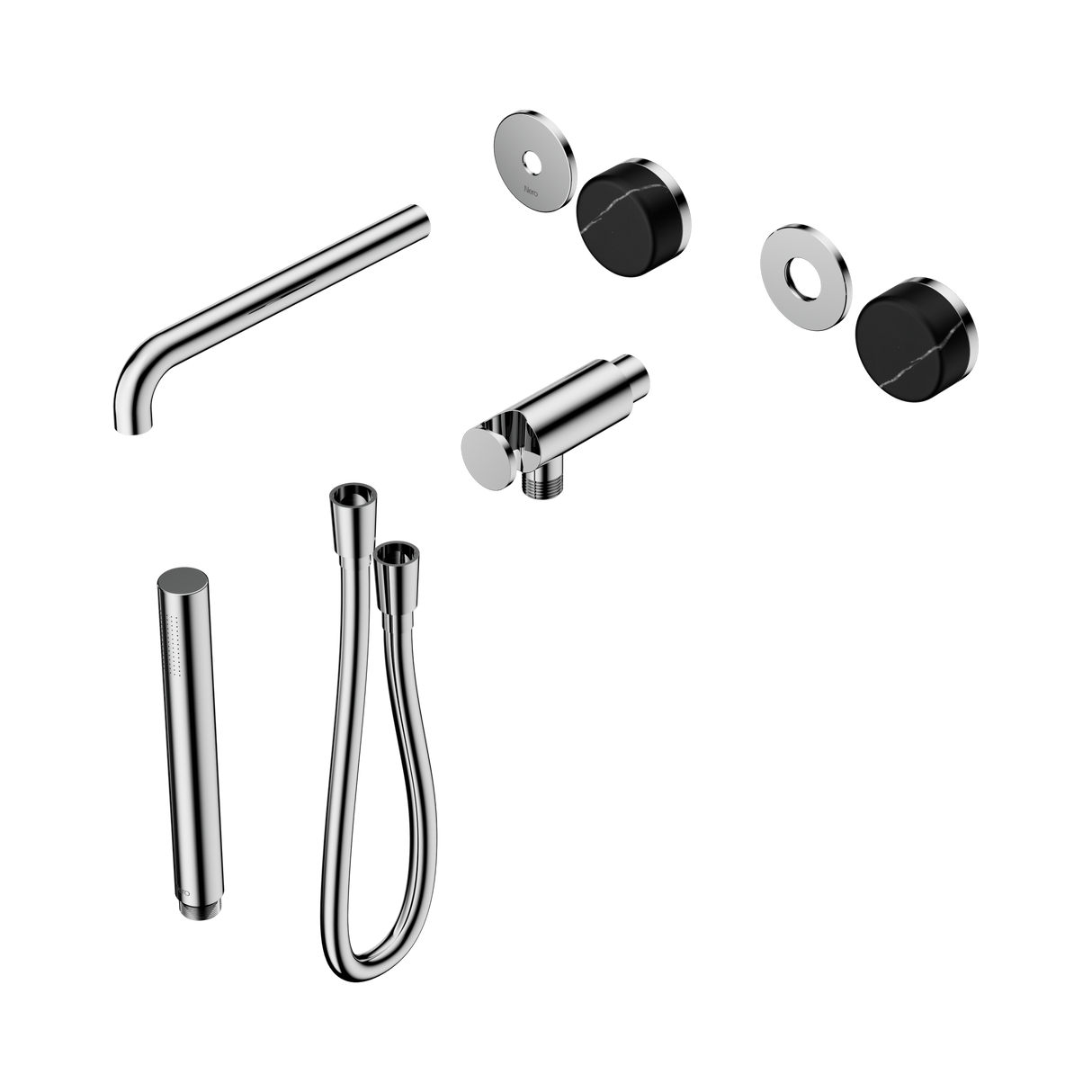 An image of Nero Tapware's Serenity Progressive Shower System With Spout With Marquina Black Handle And Slim Shower Trim Kit Only Chrome