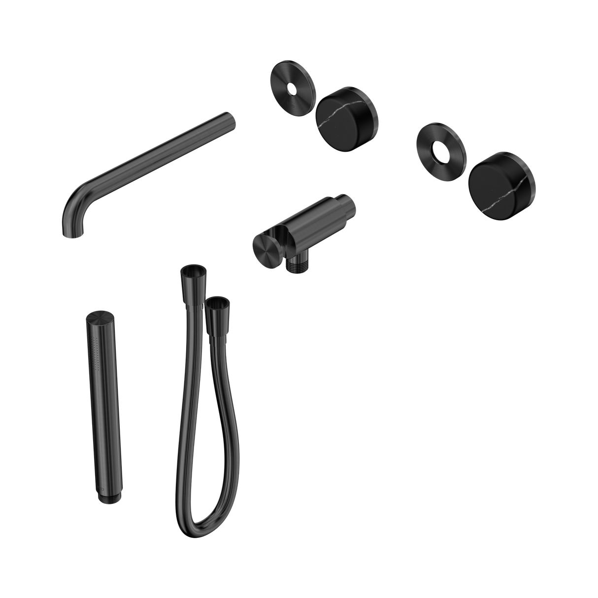An image of Nero Tapware's Serenity Progressive Shower System With Spout With Marquina Black Handle And Slim Shower Trim Kit Only Gun Metal