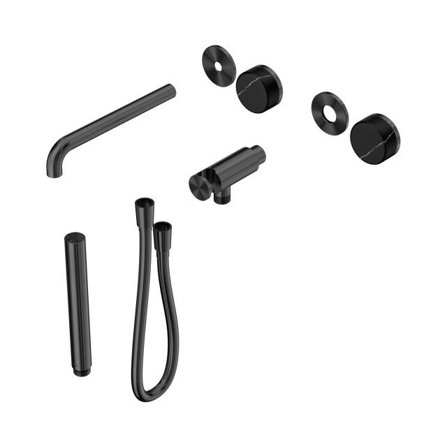 An image of Nero Tapware's Serenity Progressive Shower System With Spout With Marquina Black Handle And Slim Shower Trim Kit Only Gun Metal