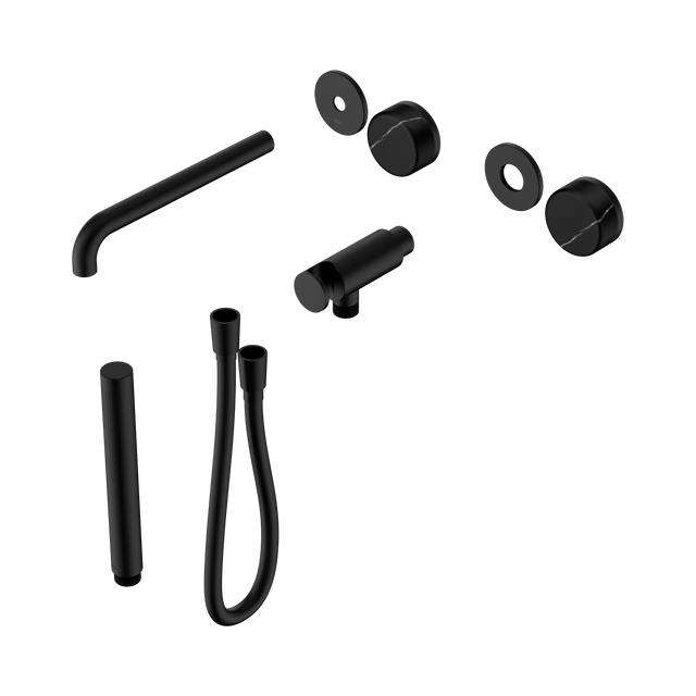 An image of Nero Tapware's Serenity Progressive Shower System With Spout With Marquina Black Handle And Slim Shower Trim Kit Only Matt Black