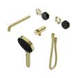 An image of Nero Tapware's Serenity Progressive Shower System With Spout With Marquina Black Handle And Serenity Hand Shower Trim Kit Only Brushed Gold