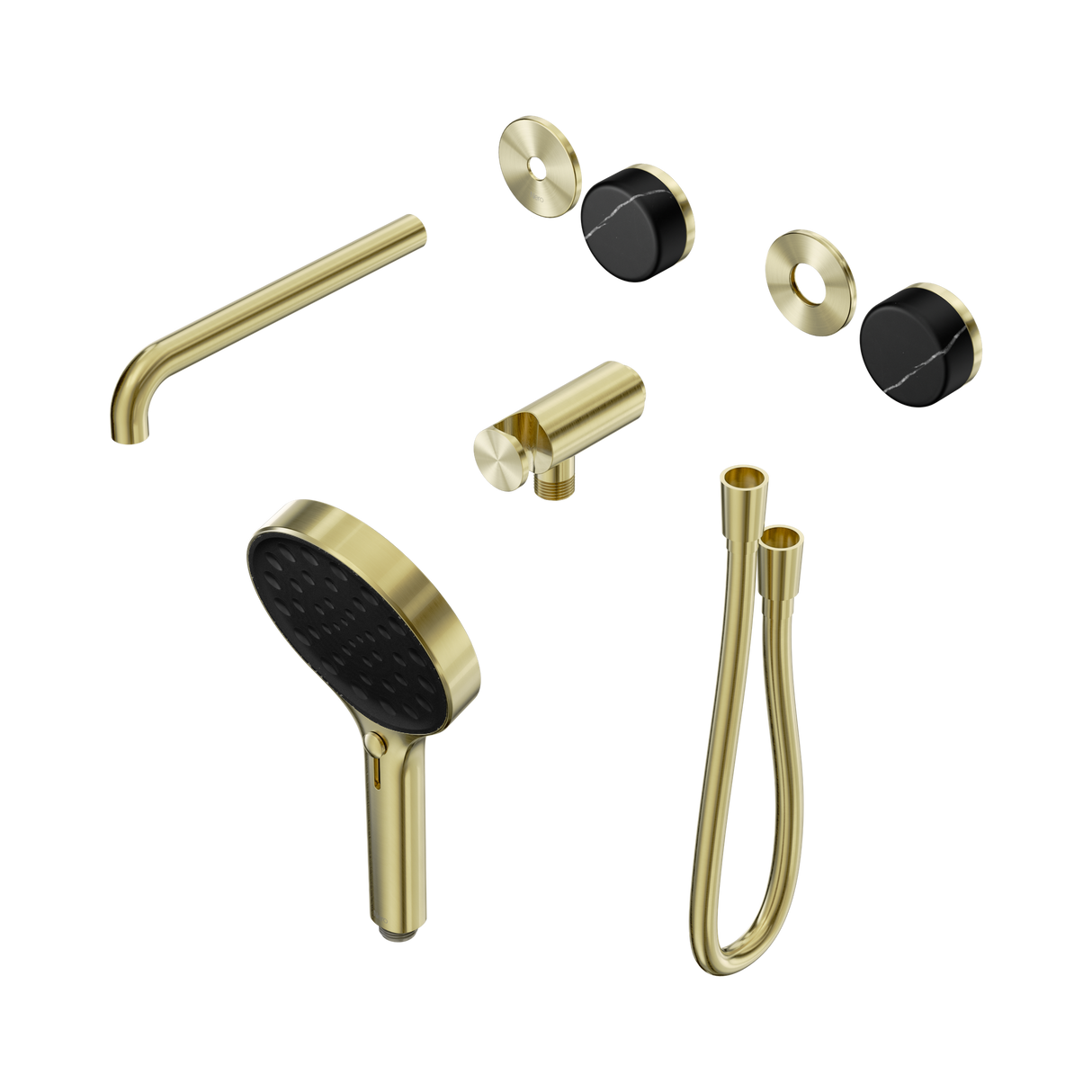 An image of Nero Tapware's Serenity Progressive Shower System With Spout With Marquina Black Handle And Serenity Hand Shower Trim Kit Only Brushed Gold
