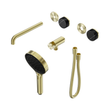 An image of Nero Tapware's Serenity Progressive Shower System With Spout With Marquina Black Handle And Serenity Hand Shower Trim Kit Only Brushed Gold