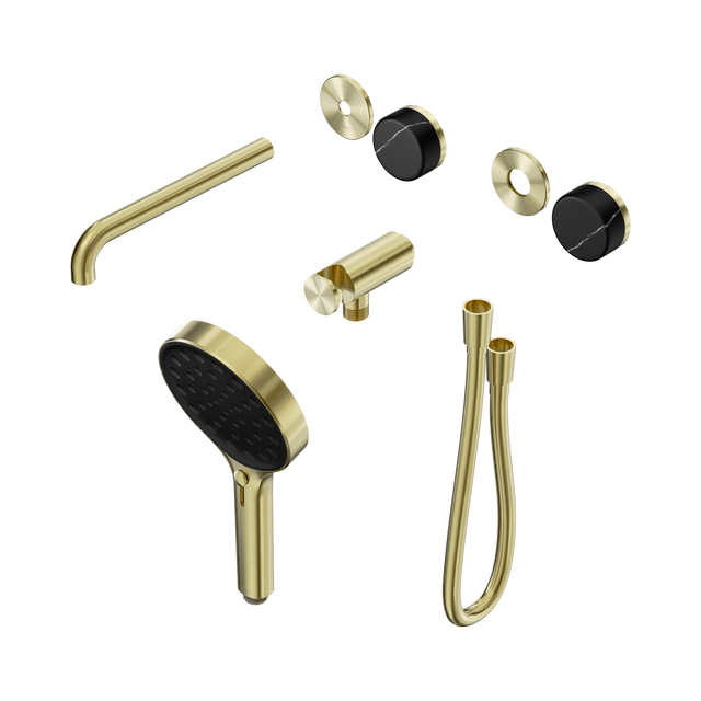 An image of Nero Tapware's Serenity Progressive Shower System With Spout With Marquina Black Handle And Serenity Hand Shower Trim Kit Only Brushed Gold