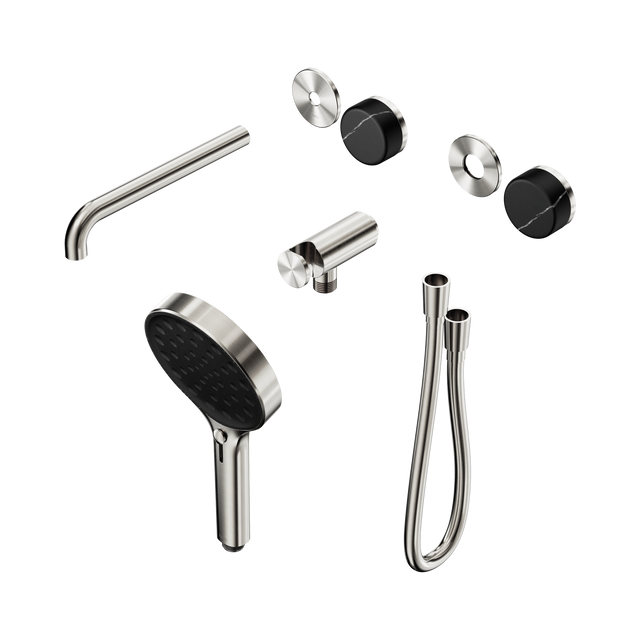 An image of Nero Tapware's Serenity Progressive Shower System With Spout With Marquina Black Handle And Serenity Hand Shower Trim Kit Only Brushed Nickel