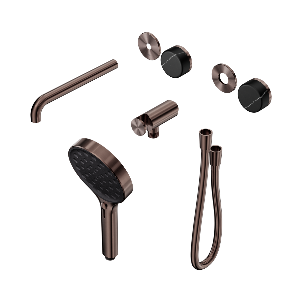 An image of Nero Tapware's Serenity Progressive Shower System With Spout With Marquina Black Handle And Serenity Hand Shower Trim Kit Only Brushed Bronze