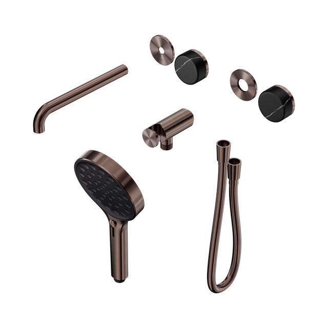 An image of Nero Tapware's Serenity Progressive Shower System With Spout With Marquina Black Handle And Serenity Hand Shower Trim Kit Only Brushed Bronze