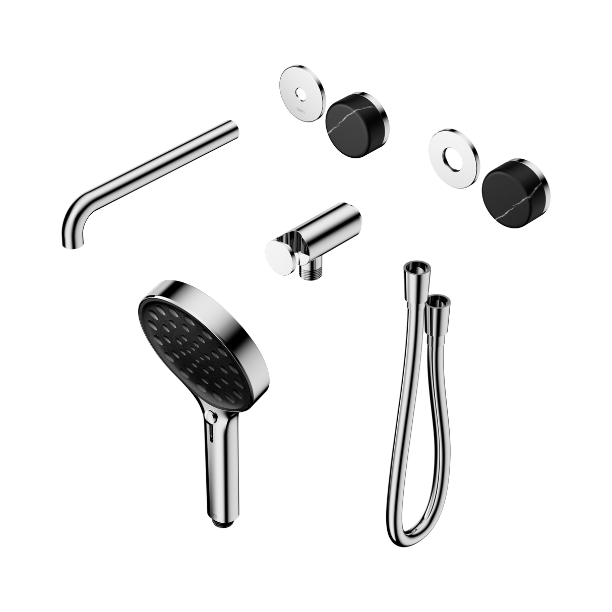 An image of Nero Tapware's Serenity Progressive Shower System With Spout With Marquina Black Handle And Serenity Hand Shower Trim Kit Only Chrome