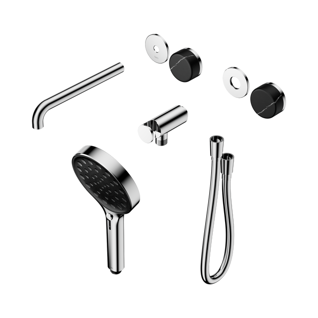 An image of Nero Tapware's Serenity Progressive Shower System With Spout With Marquina Black Handle And Serenity Hand Shower Trim Kit Only Chrome