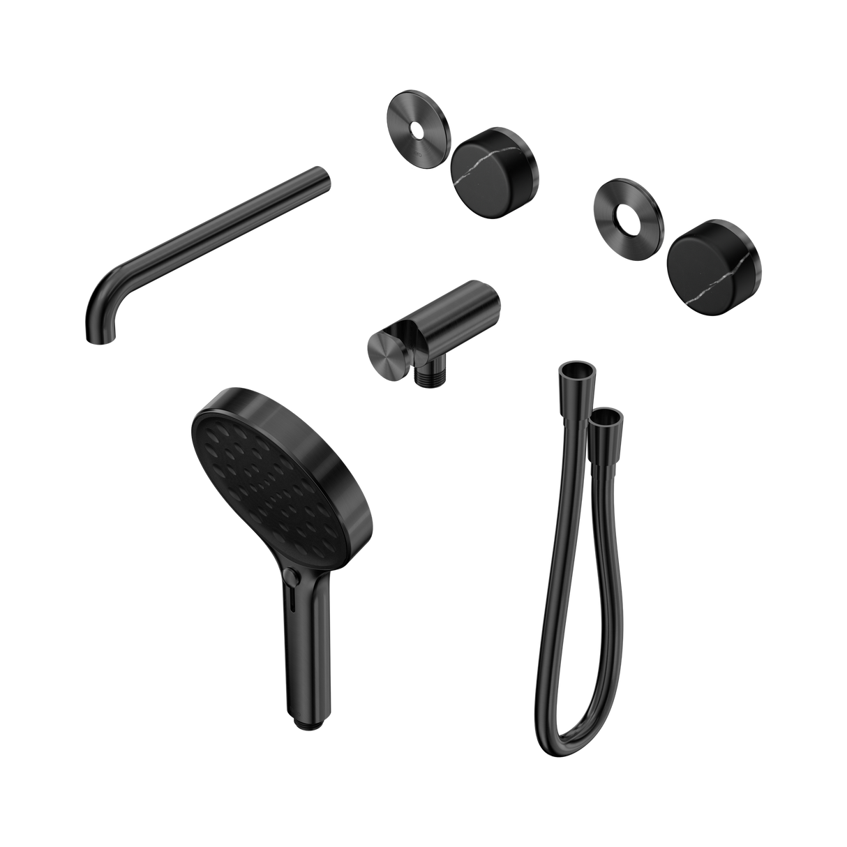 An image of Nero Tapware's Serenity Progressive Shower System With Spout With Marquina Black Handle And Serenity Hand Shower Trim Kit Only Gun Metal