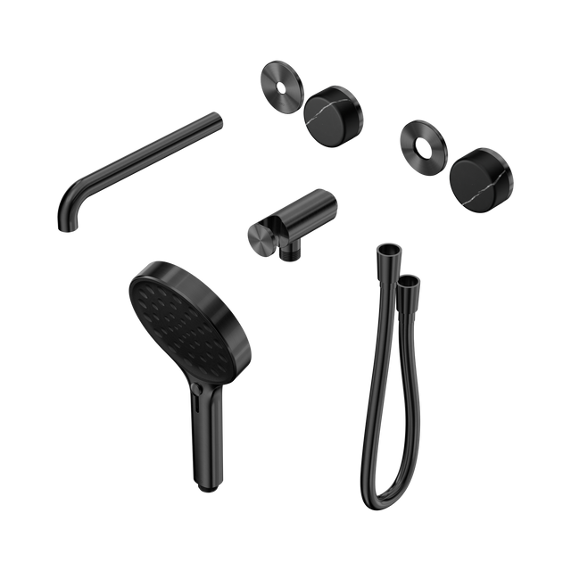 An image of Nero Tapware's Serenity Progressive Shower System With Spout With Marquina Black Handle And Serenity Hand Shower Trim Kit Only Gun Metal