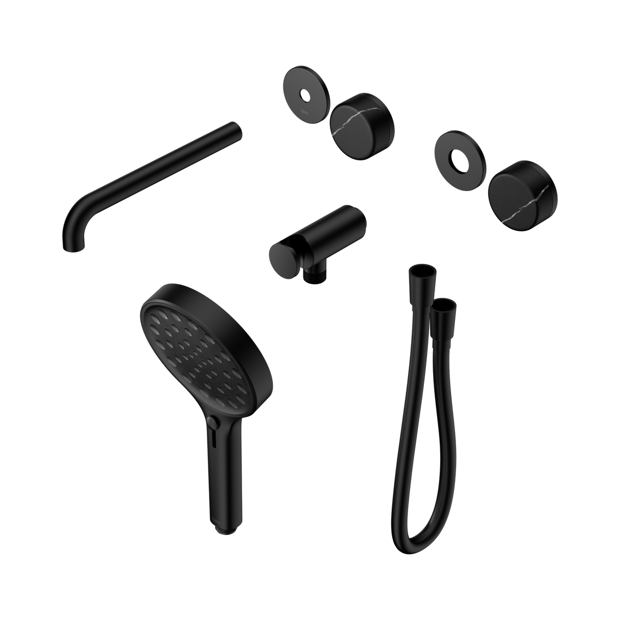 An image of Nero Tapware's Serenity Progressive Shower System With Spout With Marquina Black Handle And Serenity Hand Shower Trim Kit Only Matt Black