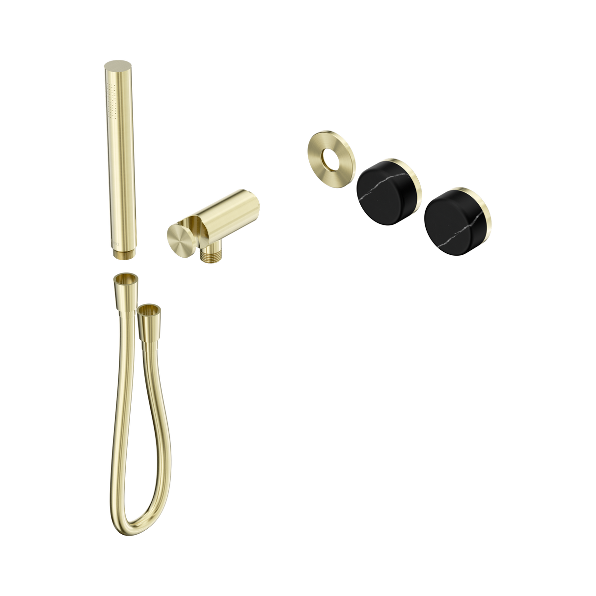 An image of Nero Tapware's Serenity Progressive Shower System With Marquina Black Handle And Slim Shower Trim Kit Only Brushed Gold