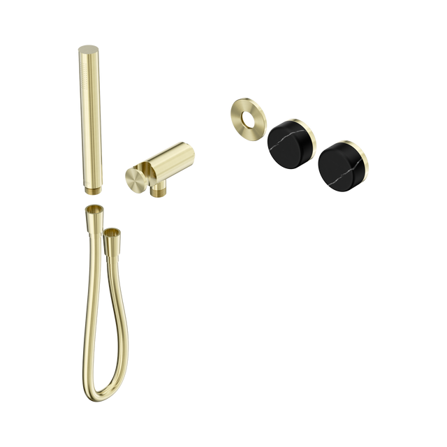 An image of Nero Tapware's Serenity Progressive Shower System With Marquina Black Handle And Slim Shower Trim Kit Only Brushed Gold