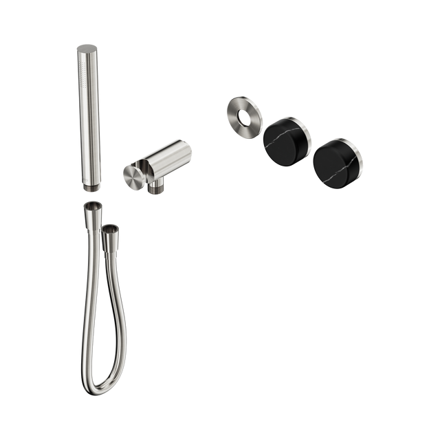 An image of Nero Tapware's Serenity Progressive Shower System With Marquina Black Handle And Slim Shower Trim Kit Only Brushed Nickel