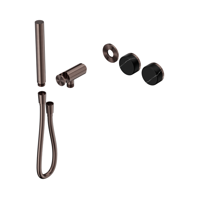 An image of Nero Tapware's Serenity Progressive Shower System With Marquina Black Handle And Slim Shower Trim Kit Only Brushed Bronze