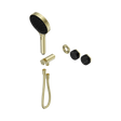 An image of Nero Tapware's Serenity Progressive Shower System With Marquina Black Handle And Serenity Hand Shower Trim Kit Only Brushed Gold