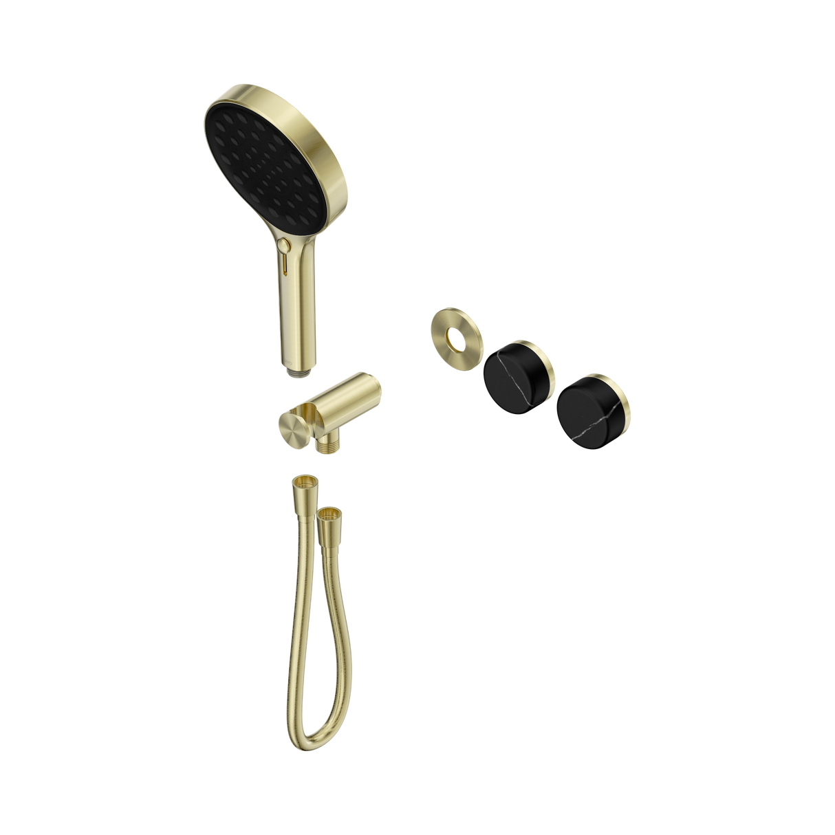 An image of Nero Tapware's Serenity Progressive Shower System With Marquina Black Handle And Serenity Hand Shower Trim Kit Only Brushed Gold