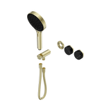 An image of Nero Tapware's Serenity Progressive Shower System With Marquina Black Handle And Serenity Hand Shower Trim Kit Only Brushed Gold