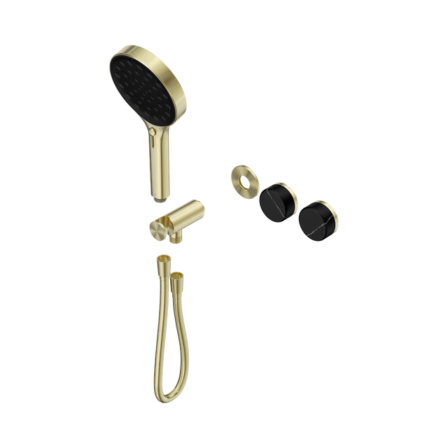 An image of Nero Tapware's Serenity Progressive Shower System With Marquina Black Handle And Serenity Hand Shower Trim Kit Only Brushed Gold