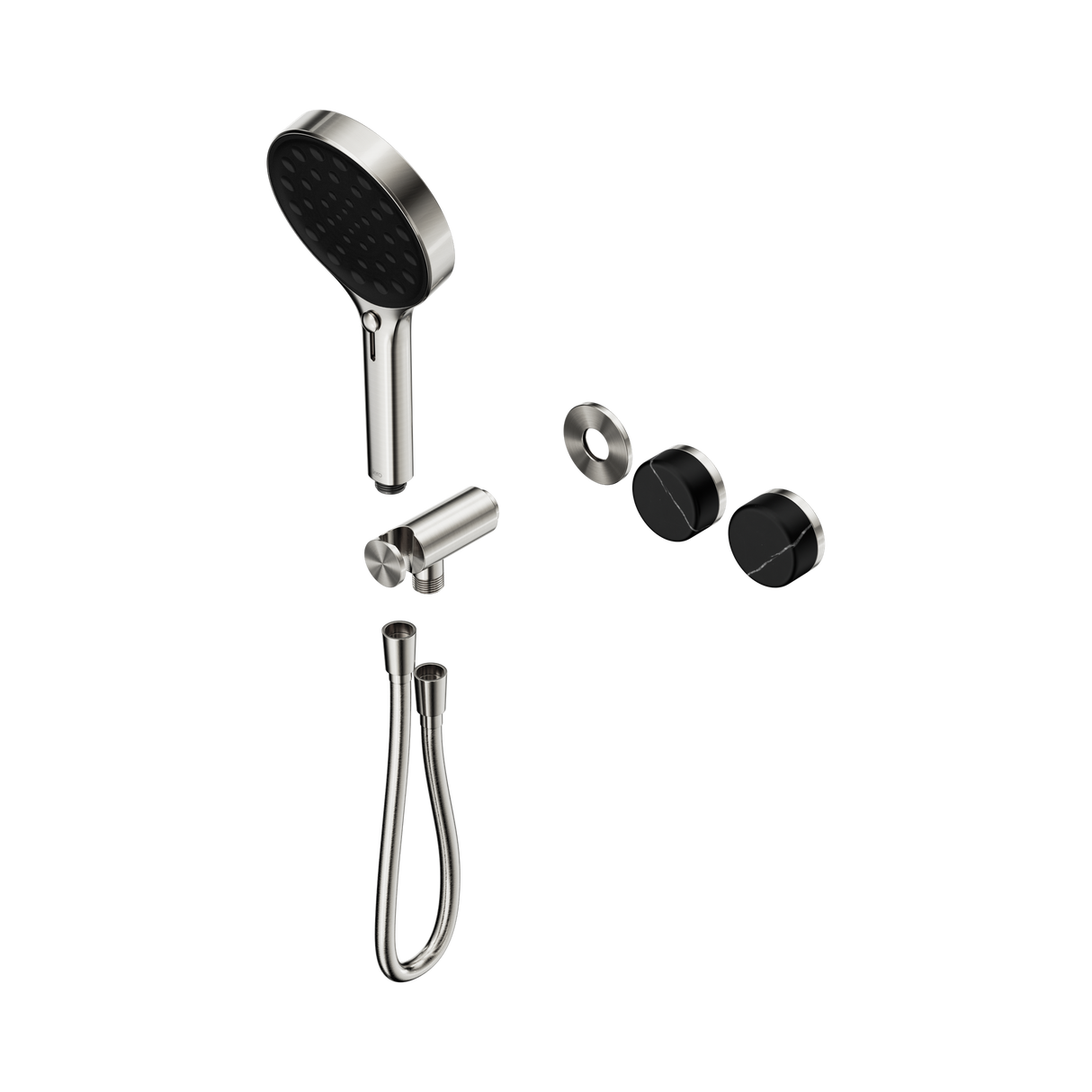An image of Nero Tapware's Serenity Progressive Shower System With Marquina Black Handle And Serenity Hand Shower Trim Kit Only Brushed Nickel