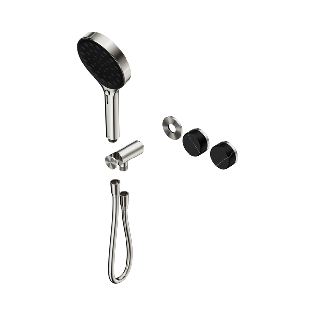 An image of Nero Tapware's Serenity Progressive Shower System With Marquina Black Handle And Serenity Hand Shower Trim Kit Only Brushed Nickel