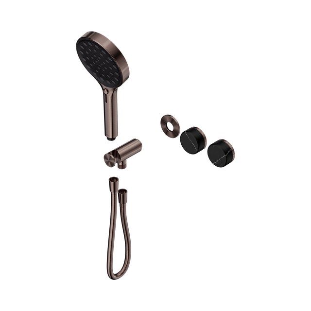An image of Nero Tapware's Serenity Progressive Shower System With Marquina Black Handle And Serenity Hand Shower Trim Kit Only Brushed Bronze