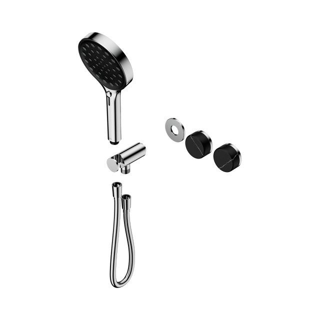 An image of Nero Tapware's Serenity Progressive Shower System With Marquina Black Handle And Serenity Hand Shower Trim Kit Only Chrome