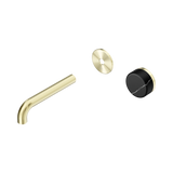 An image of Nero Tapware's Serenity Progressive Wall Basin Mixer 160mm Spout With Marquina Black Handle Trim Kit Only Brushed Gold